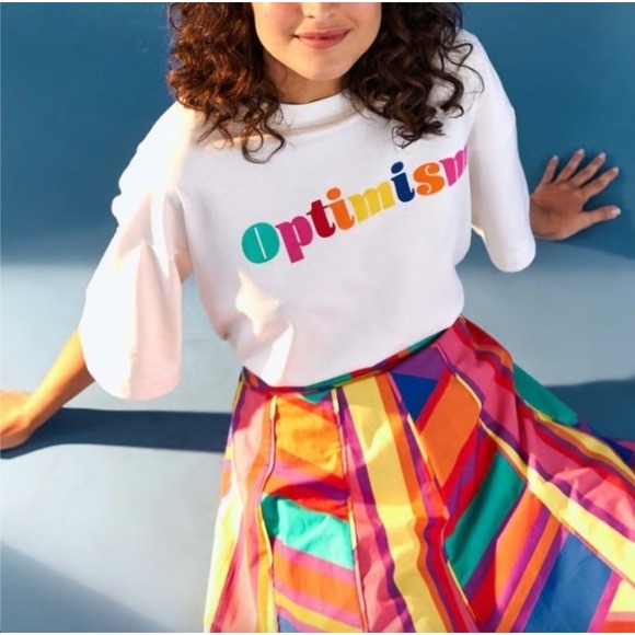 Farm Rio Optimism Graphic Boxy Cropped T Shirt Women's Size M White Colorful Top - Picture 1 of 7